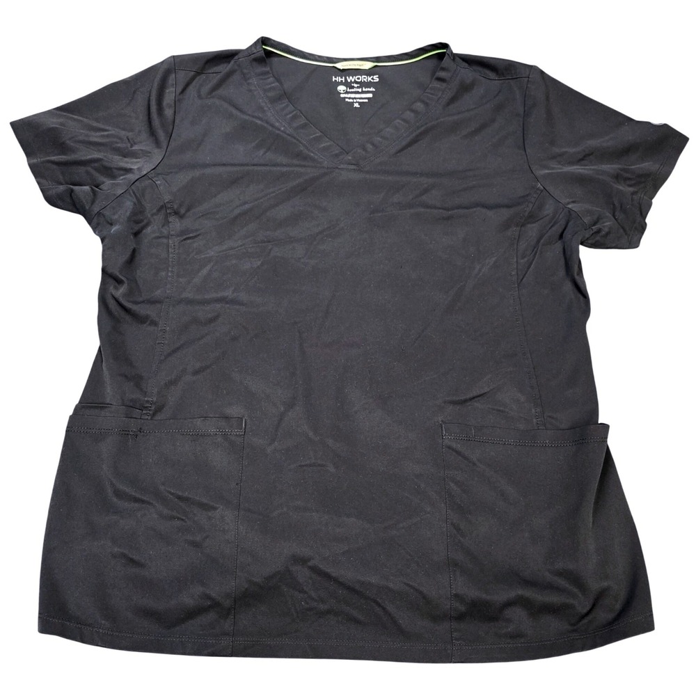 HH Works Healing Hands V Neck Scrub Top Women's Size XL Black‎ Stretch Pocket